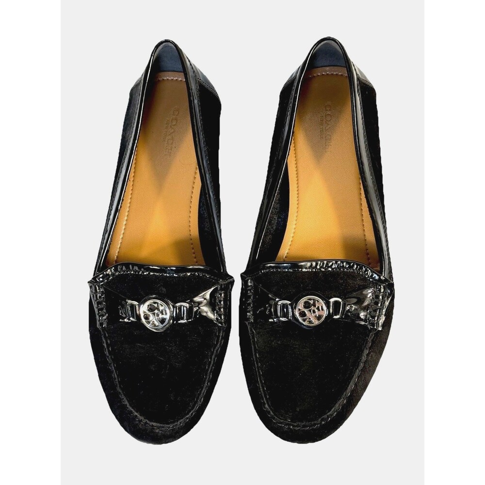 Coach Fonda A2934 Loafers 10B Black Suede Patent Leather Logo Driving Loafers